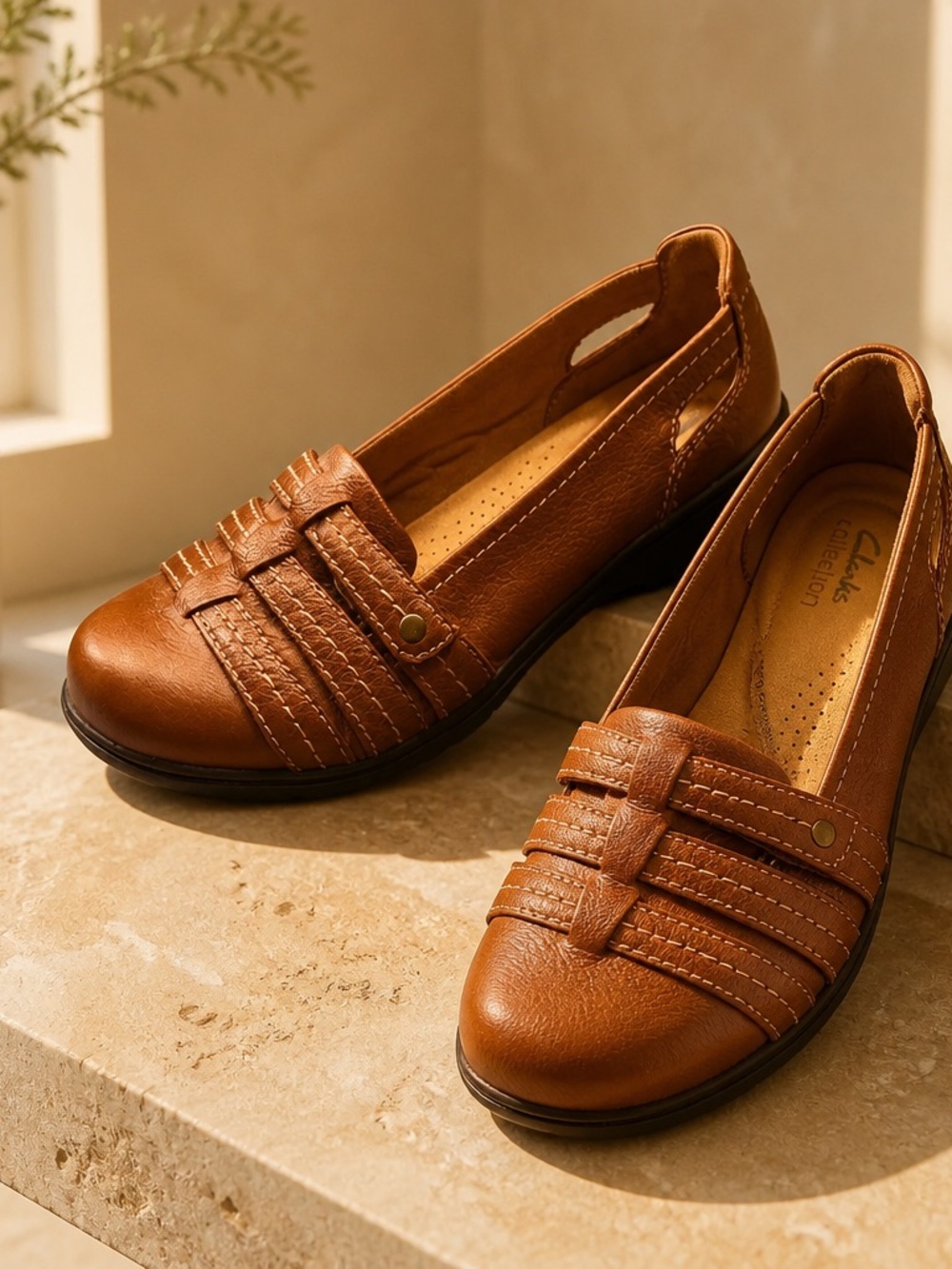 Clarks Women’s Brown Leather Slip-On Loafers with Braided Vamp Detail